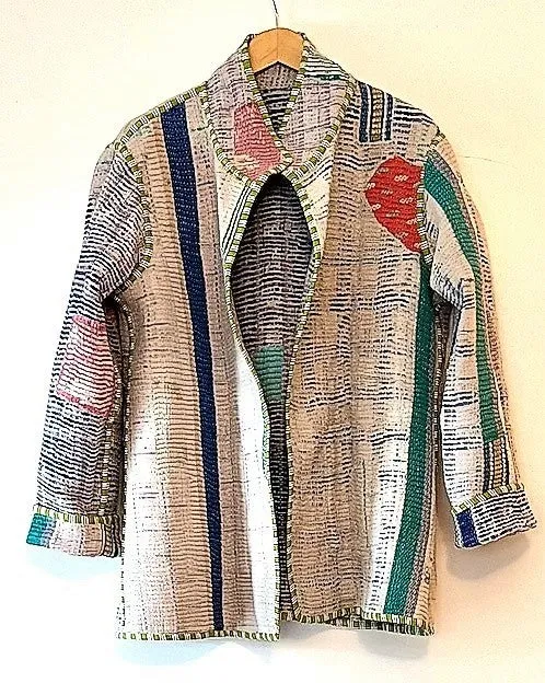 Handmade Indian Vintage Cotton Kantha Jacket, Reversible, Blue Stripes