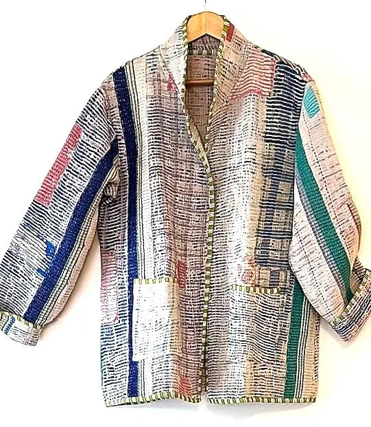 Handmade Indian Vintage Cotton Kantha Jacket, Reversible, Blue Stripes