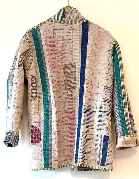 Handmade Indian Vintage Cotton Kantha Jacket, Reversible, Blue Stripes