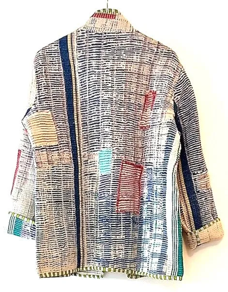 Handmade Indian Vintage Cotton Kantha Jacket, Reversible, Blue Stripes