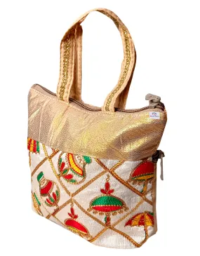 Heart Home Embroidery Small Hand Bag, Tote Bag For Women & Girls (Gold)-HS_38_HEARTH21478