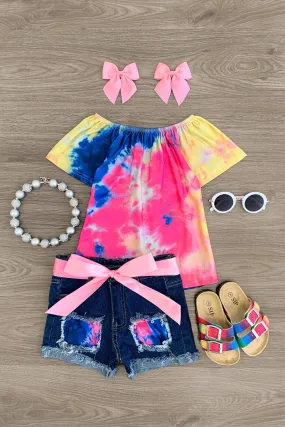 Hot Pink Tie Dye Distressed Denim Short Set