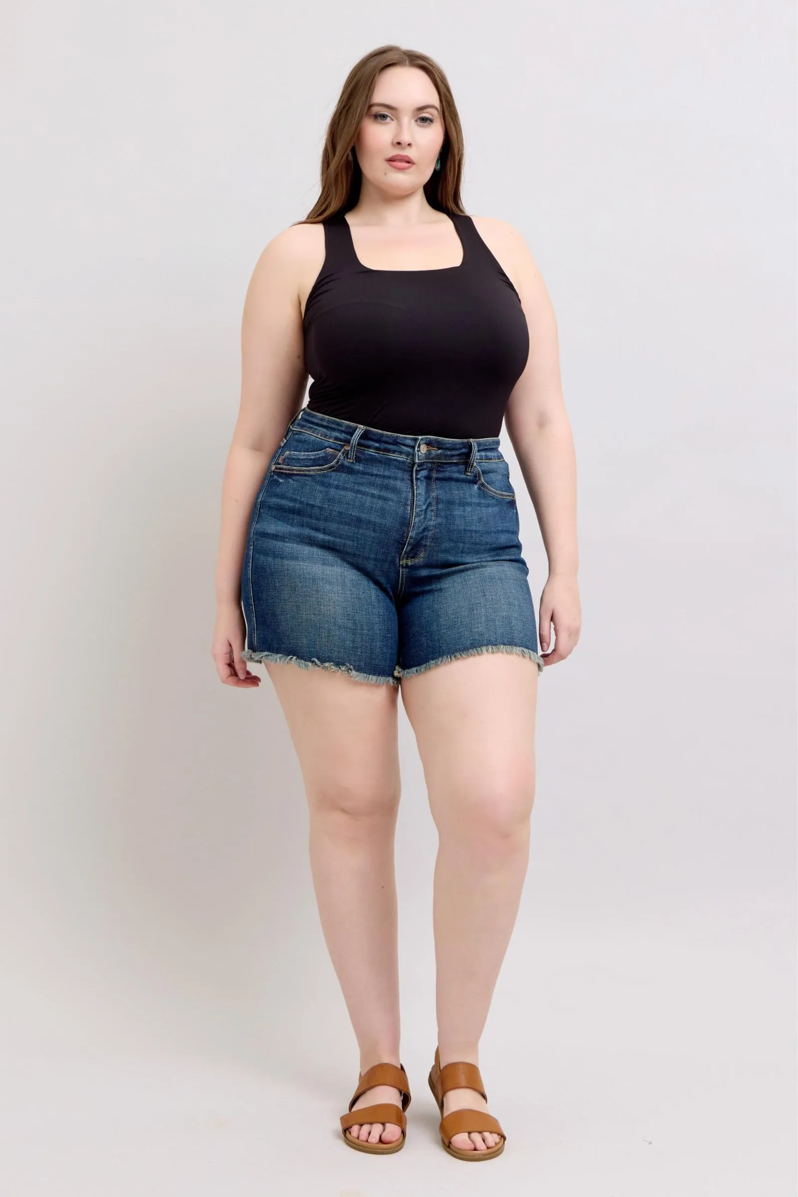 Judy Blue Tummy Control Fray Hem & Shield Back Pockets Denim Shorts