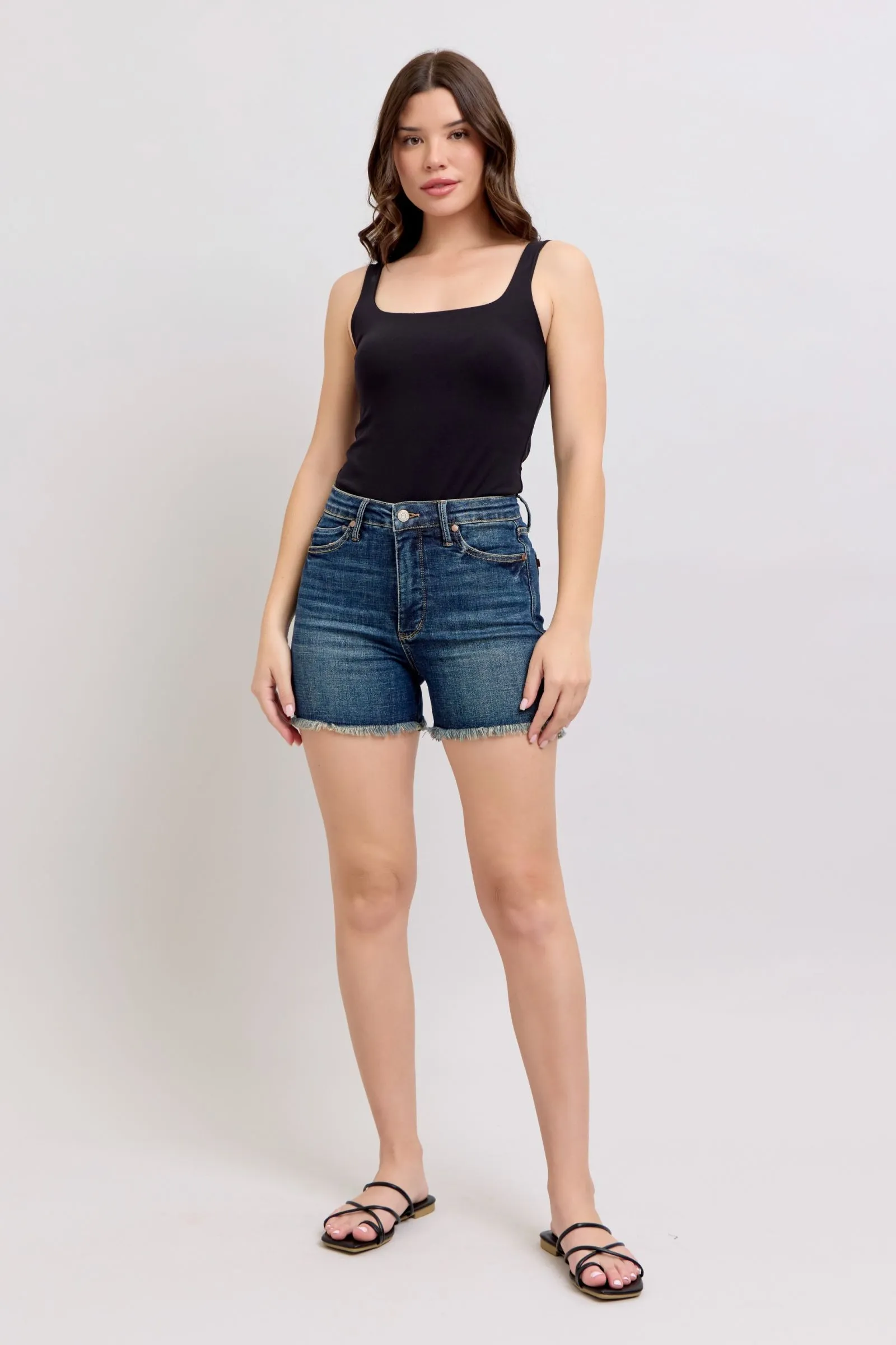 Judy Blue Tummy Control Fray Hem & Shield Back Pockets Denim Shorts