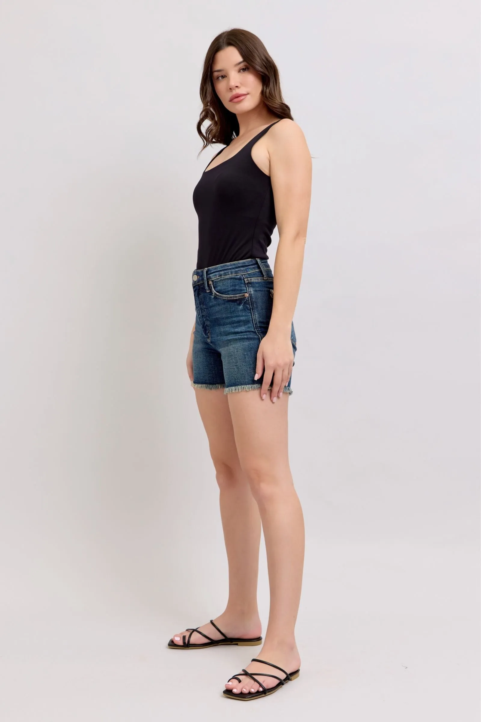 Judy Blue Tummy Control Fray Hem & Shield Back Pockets Denim Shorts