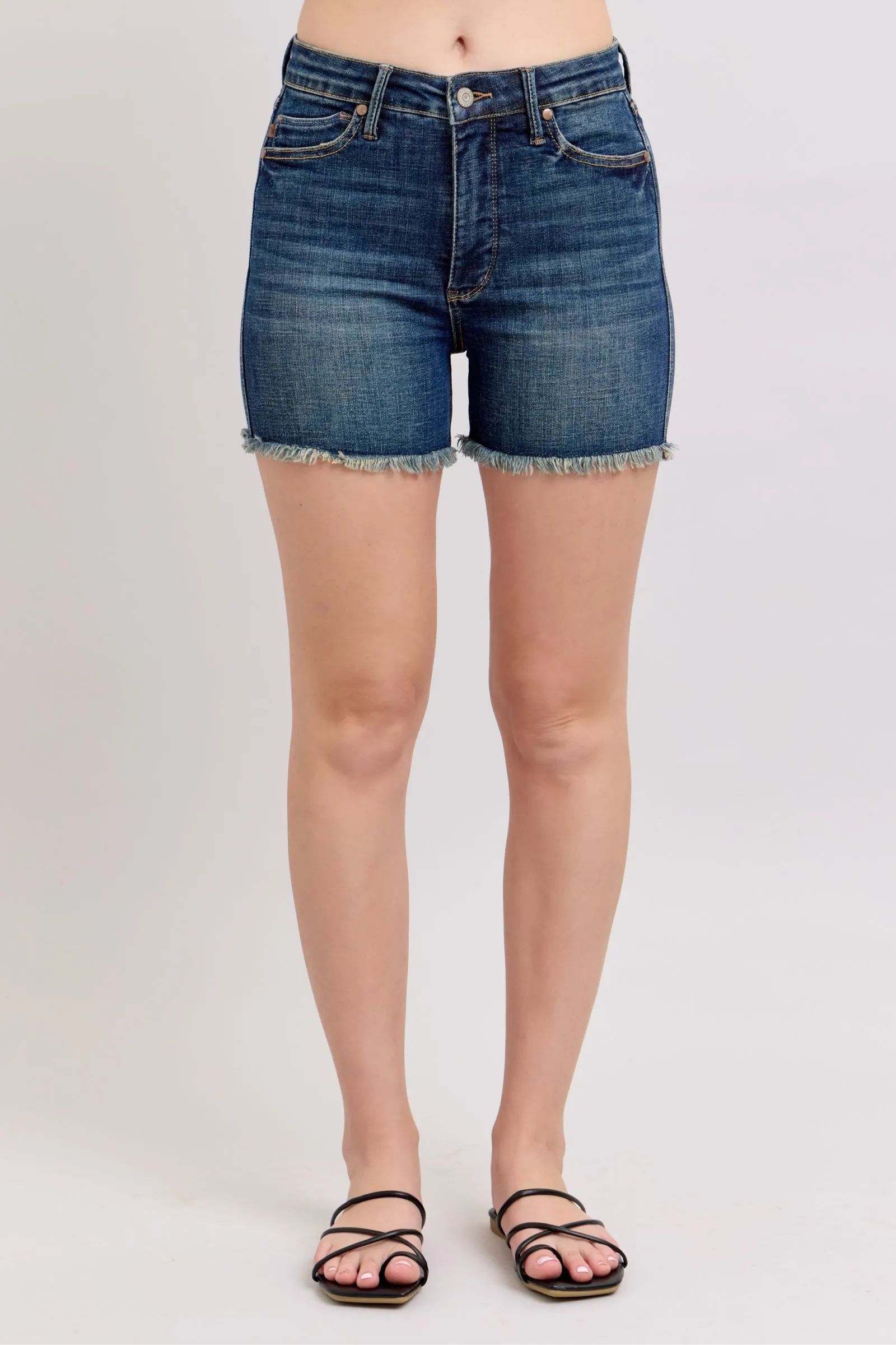 Judy Blue Tummy Control Fray Hem & Shield Back Pockets Denim Shorts