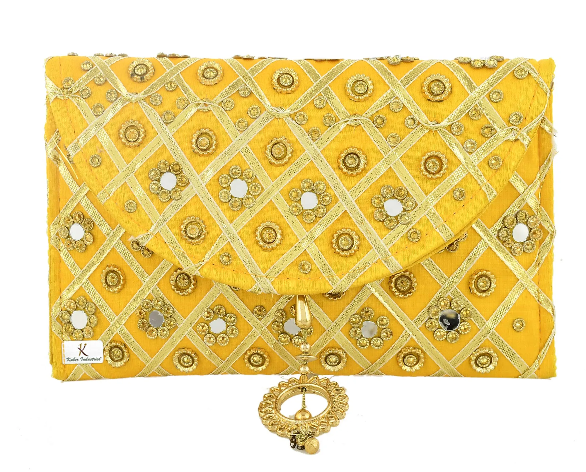 Kuber Industries 2 Pieces Silk Traditional Mirror Work Envelope Clutch/Hand Purse Bag for Women/Girls (Gold)-KUBMART11453, Standard