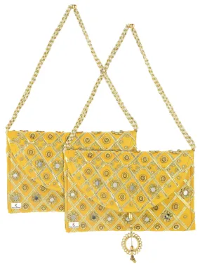 Kuber Industries 2 Pieces Silk Traditional Mirror Work Envelope Clutch/Hand Purse Bag for Women/Girls (Gold)-KUBMART11453, Standard