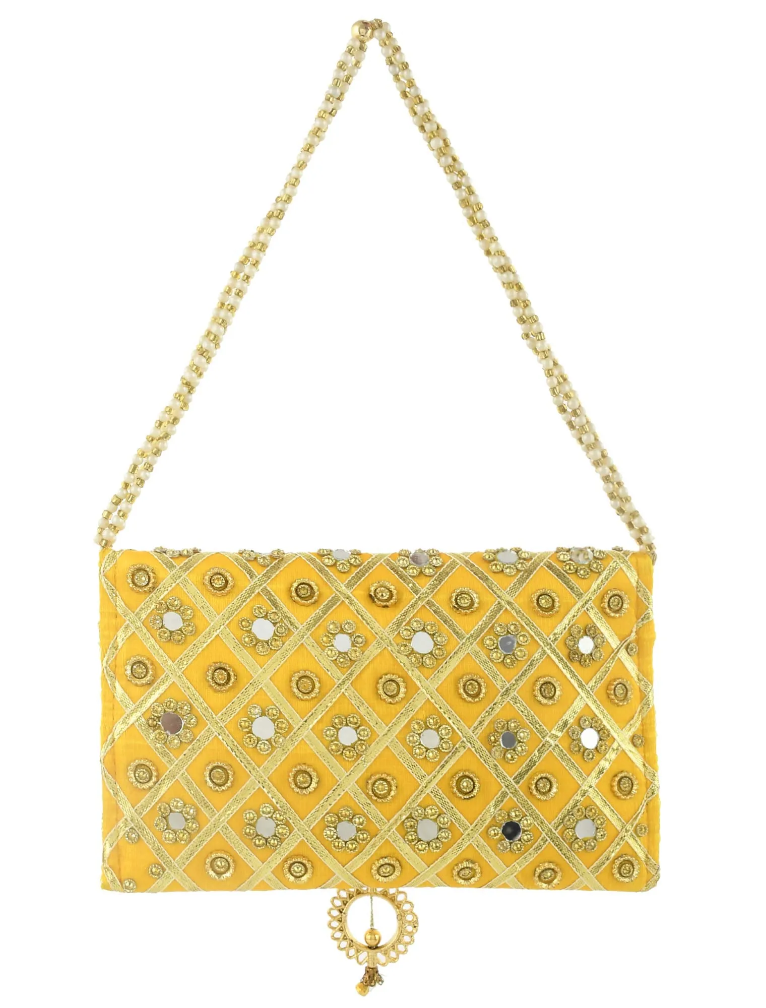 Kuber Industries 2 Pieces Silk Traditional Mirror Work Envelope Clutch/Hand Purse Bag for Women/Girls (Gold)-KUBMART11453, Standard