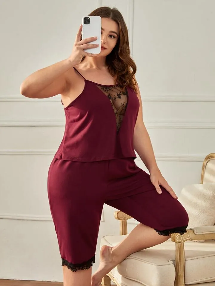 Lace Contrast Color Block Casual Plus Size Pajamas Set