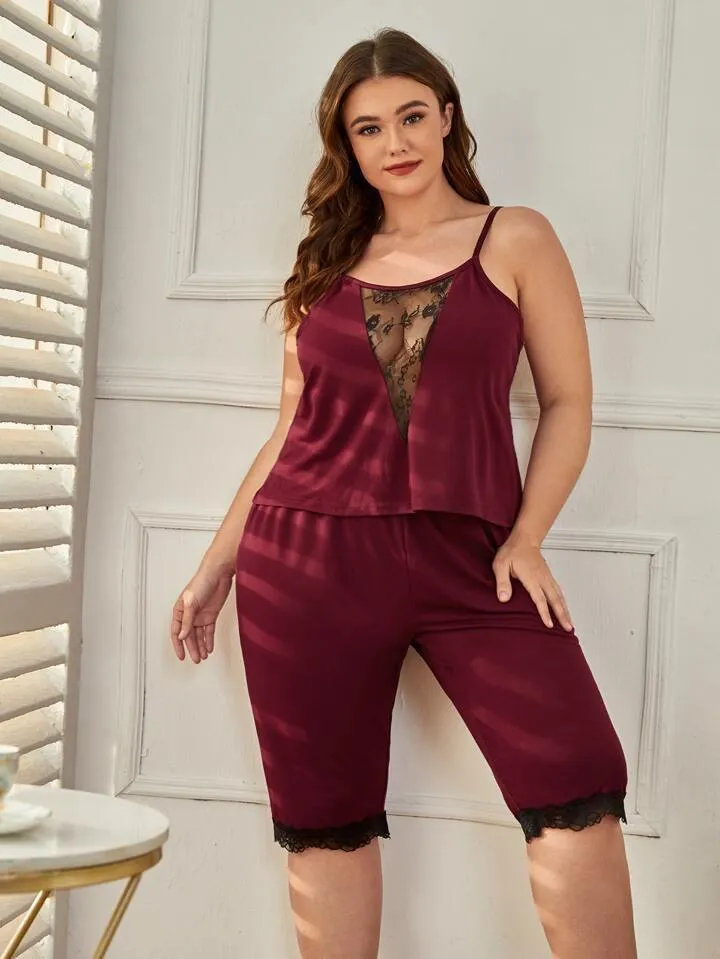 Lace Contrast Color Block Casual Plus Size Pajamas Set