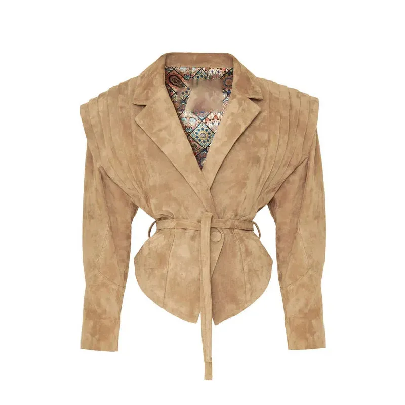 Lace up buckle chic faux leather jacket with belt Versatile Long Sleeves V-neck Lace-up Coat