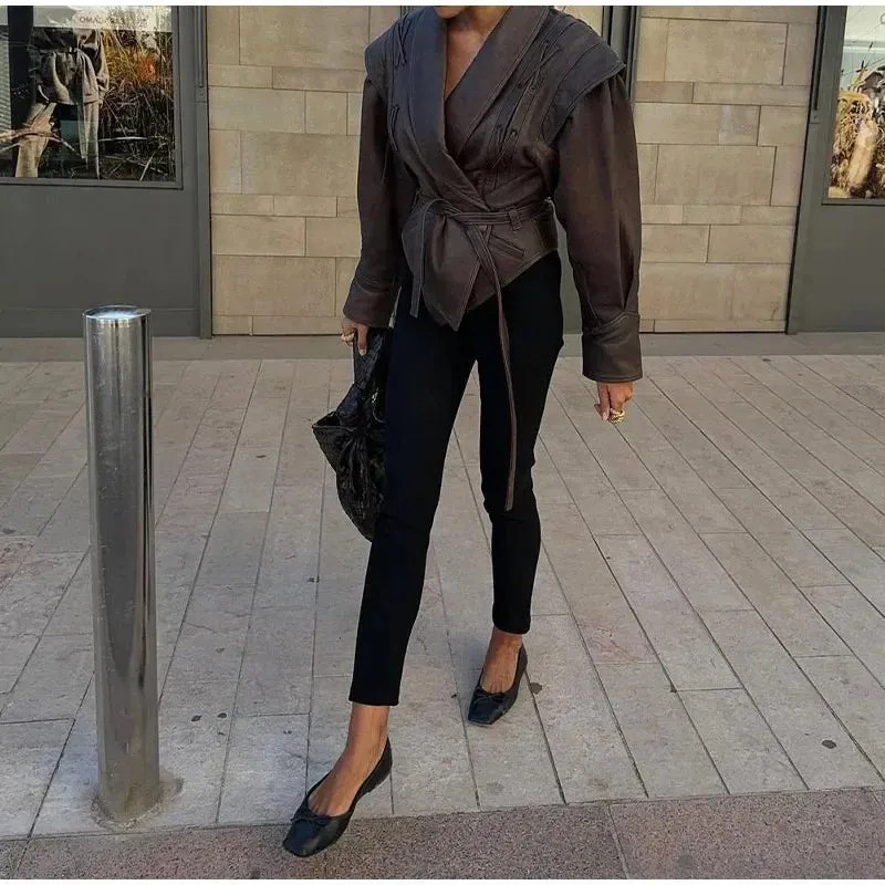 Lace up buckle chic faux leather jacket with belt Versatile Long Sleeves V-neck Lace-up Coat