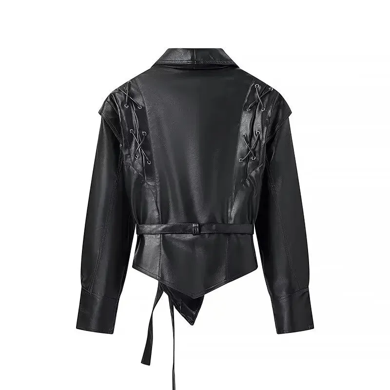 Lace up buckle chic faux leather jacket with belt Versatile Long Sleeves V-neck Lace-up Coat