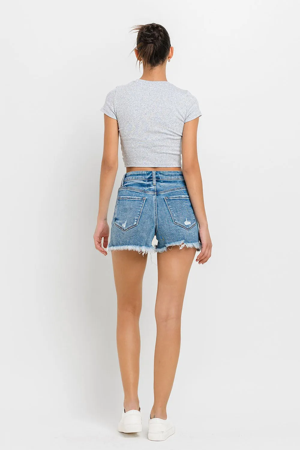 Lovervet Stepped Waist Raw Hem Denim Shorts