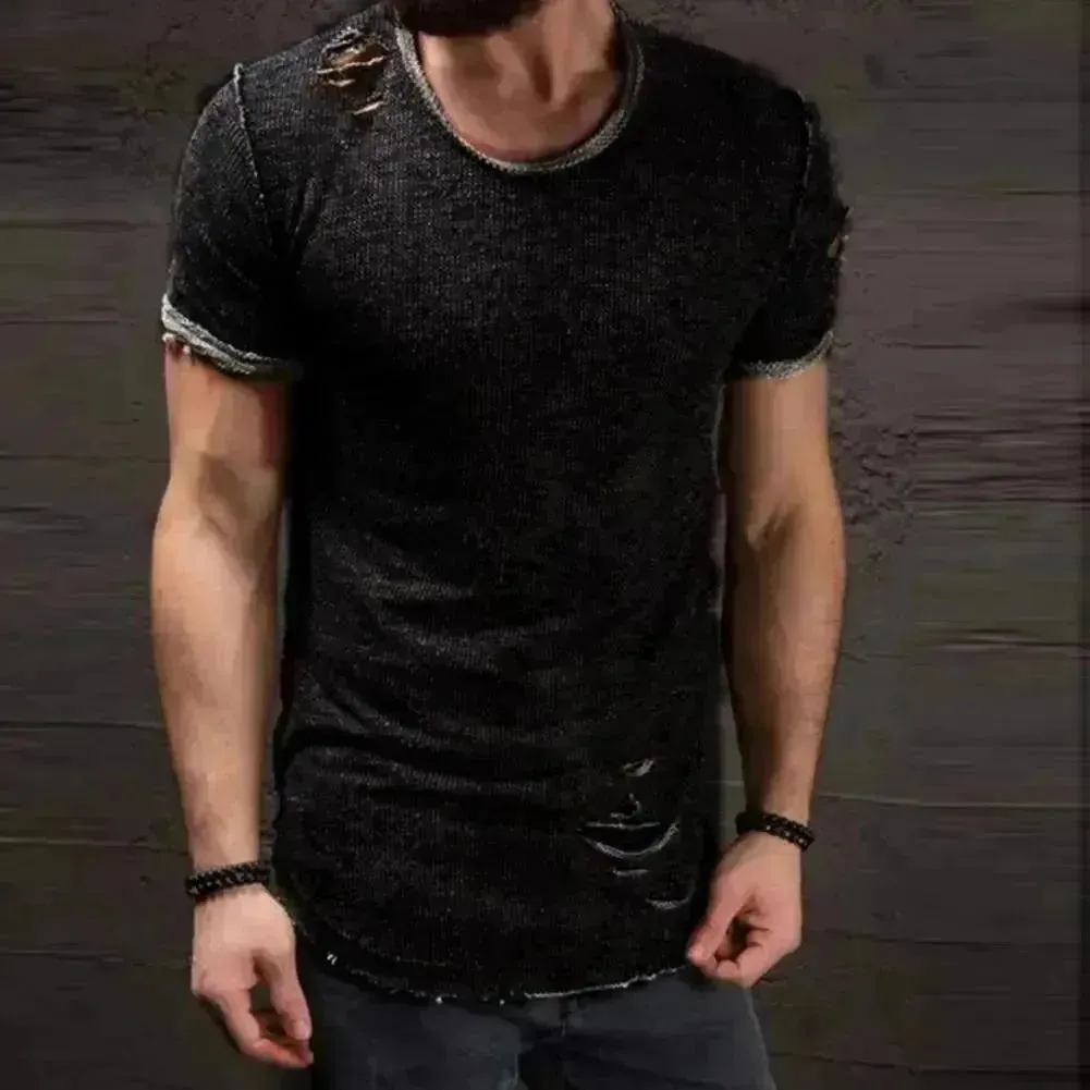 Men's Trendy Short Sleeve Active T-Shirt with Unique Hole Design