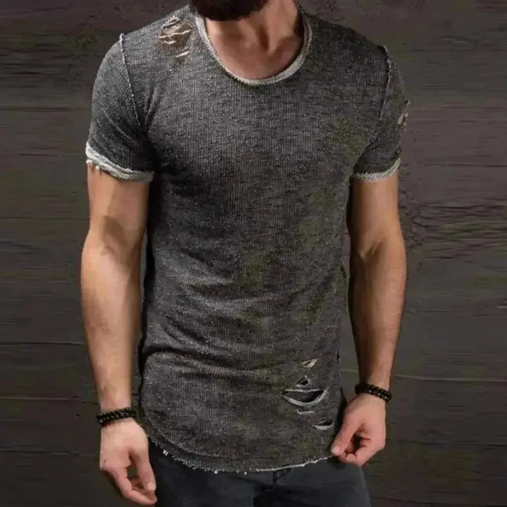 Men's Trendy Short Sleeve Active T-Shirt with Unique Hole Design