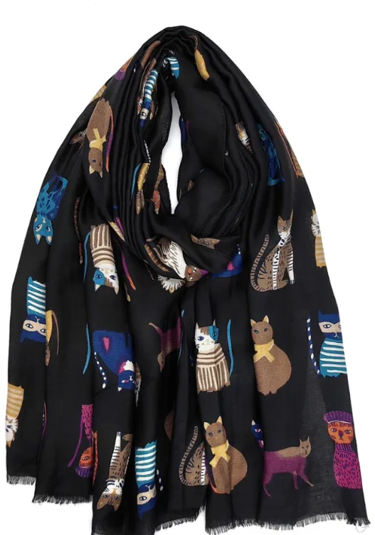 MULTICOLOURED 100% COTTON CAT DEESIGN SCARVES