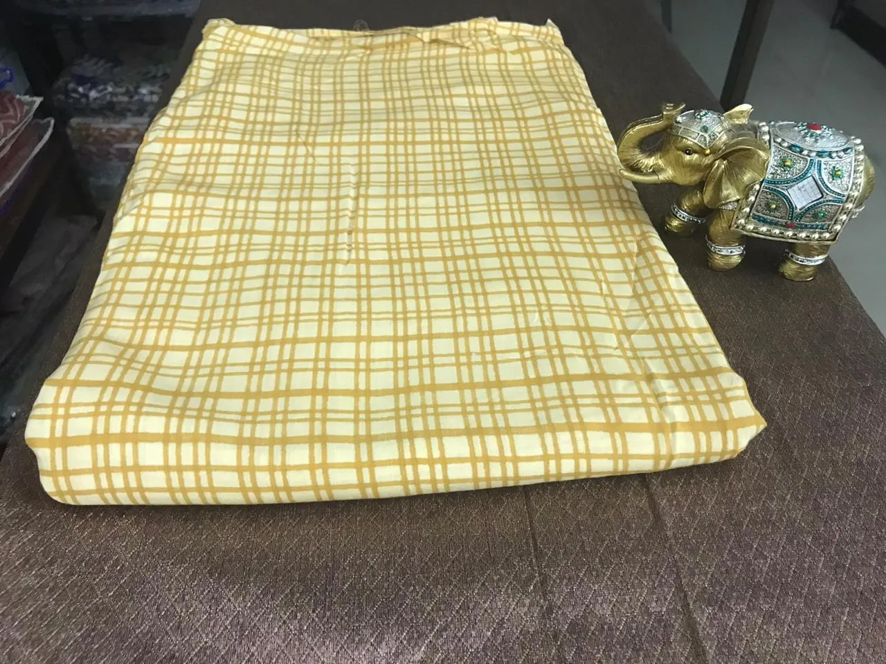 Mustard Yellow Checks Hand Screen Printed Muslin Viscose Fabric