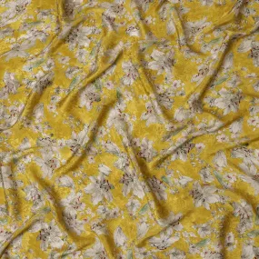 Mustard Yellow Viscose Crepe Printed Fabric with White Floral Design, 110 cm Width
-D20454