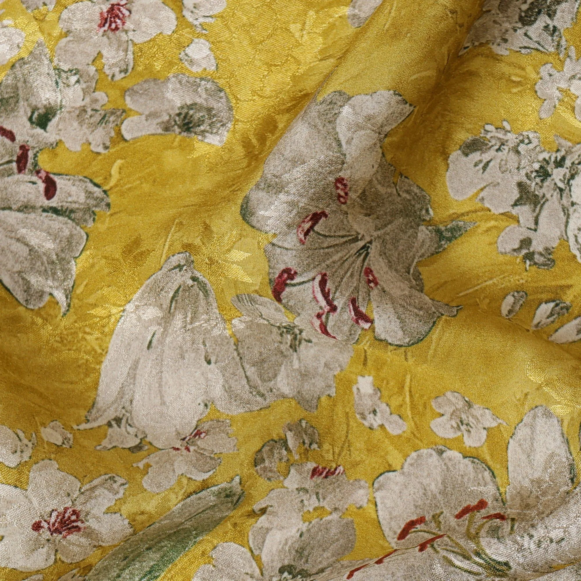 Mustard Yellow Viscose Crepe Printed Fabric with White Floral Design, 110 cm Width
-D20454