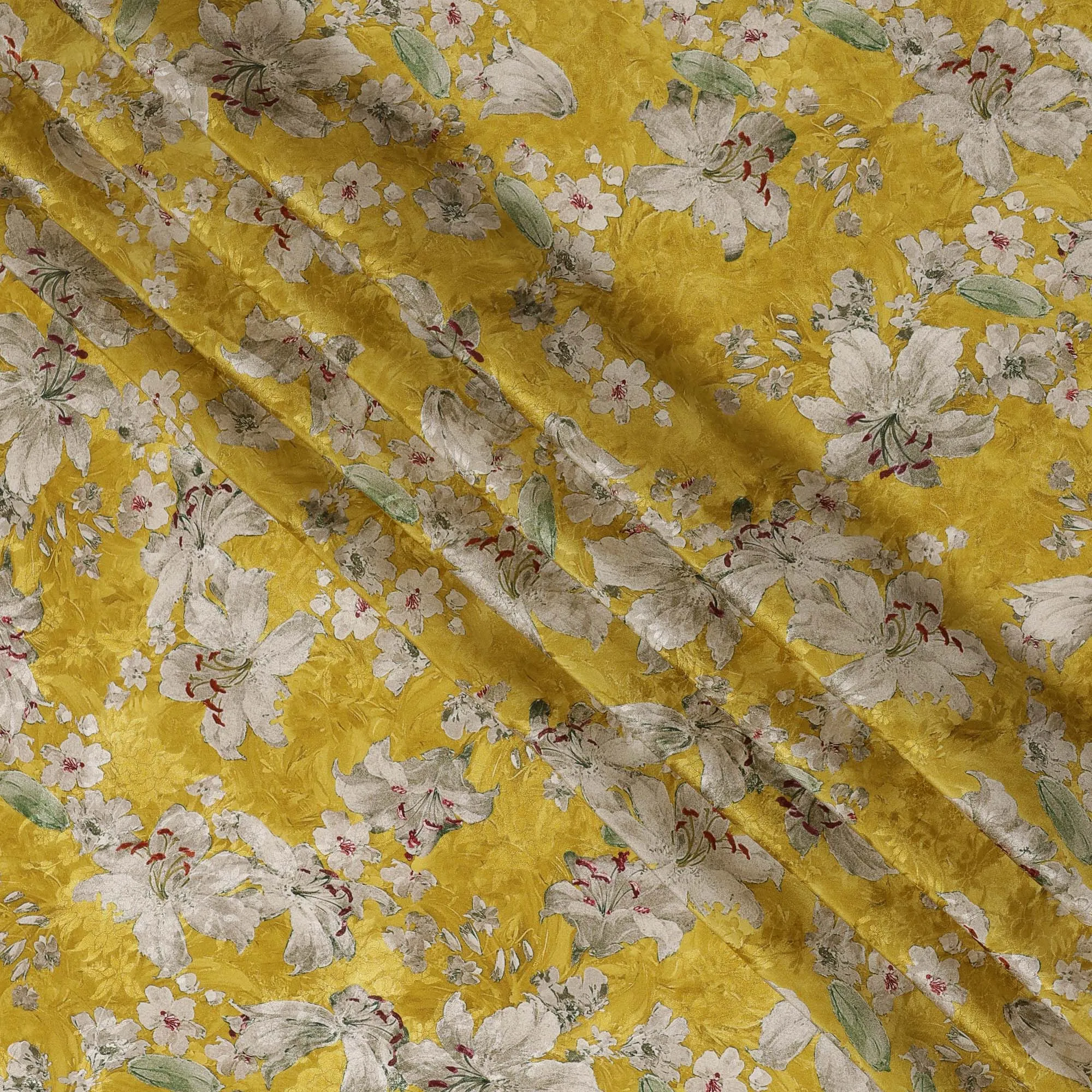 Mustard Yellow Viscose Crepe Printed Fabric with White Floral Design, 110 cm Width
-D20454