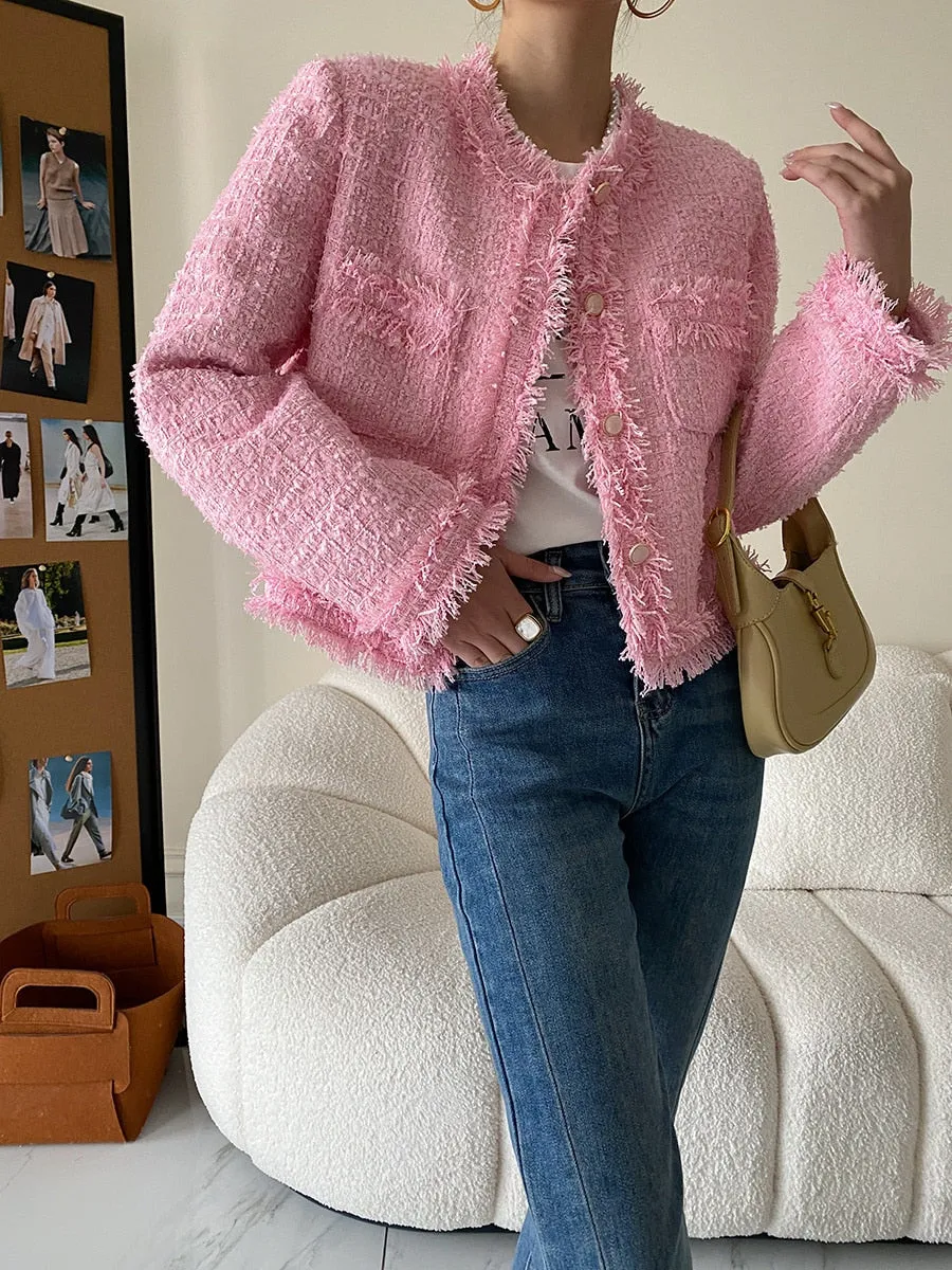 Pink Fringe Tweed Blazer Jacket