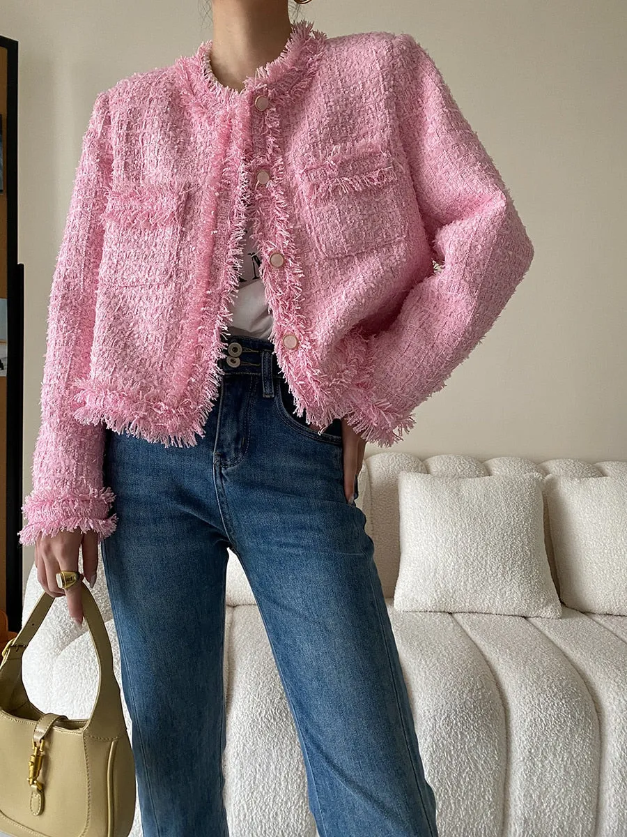 Pink Fringe Tweed Blazer Jacket