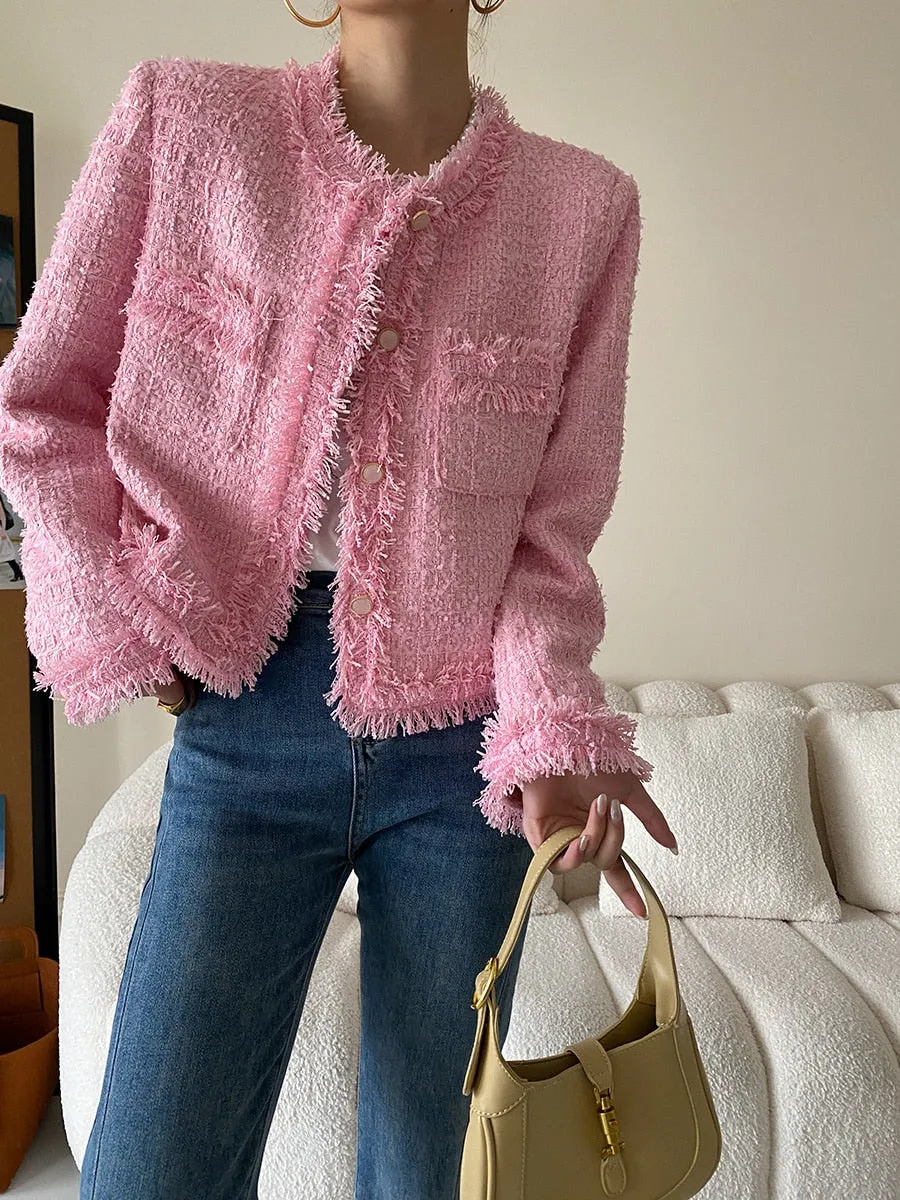 Pink Fringe Tweed Blazer Jacket