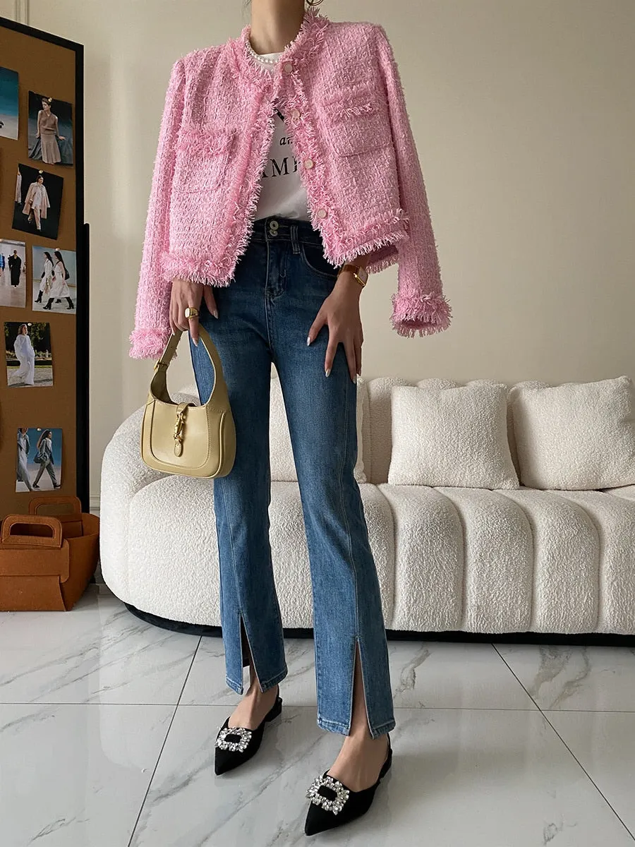 Pink Fringe Tweed Blazer Jacket