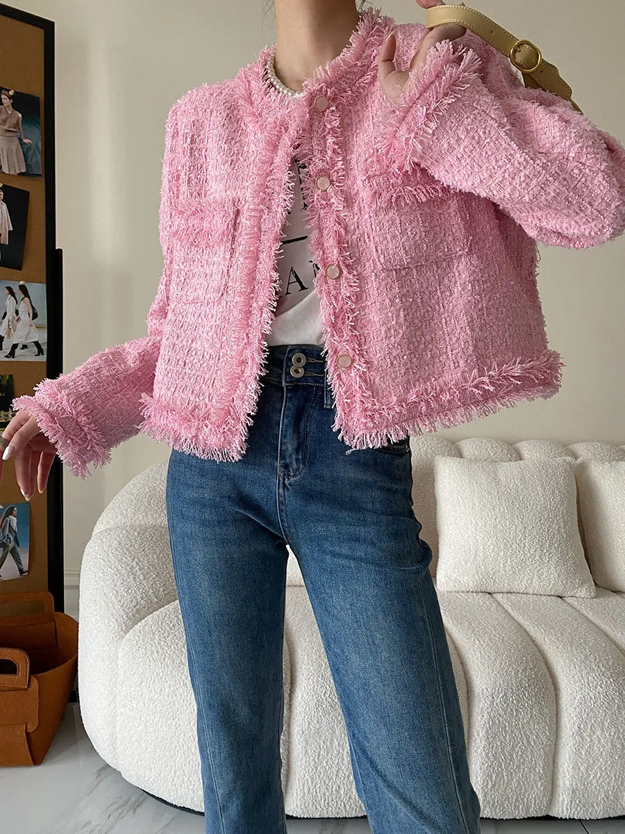 Pink Fringe Tweed Blazer Jacket