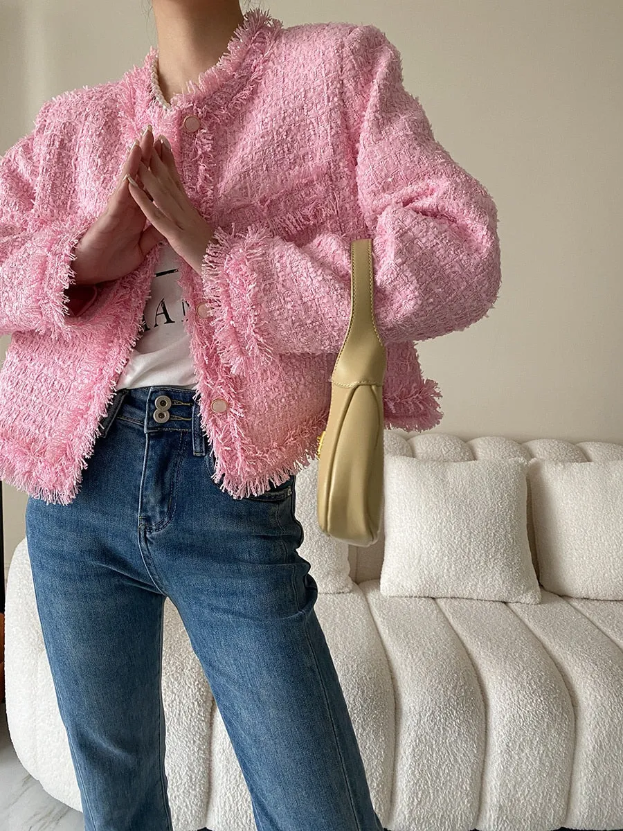 Pink Fringe Tweed Blazer Jacket