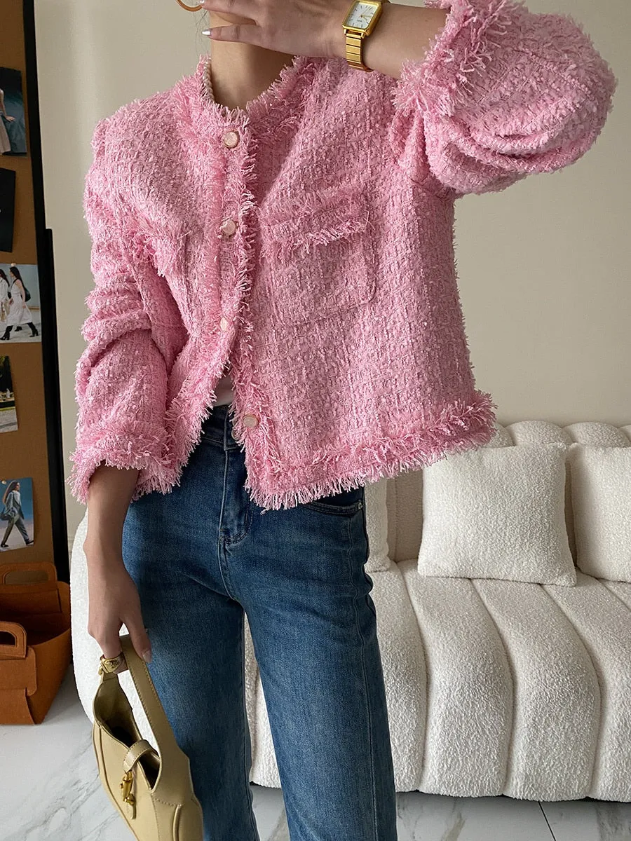 Pink Fringe Tweed Blazer Jacket