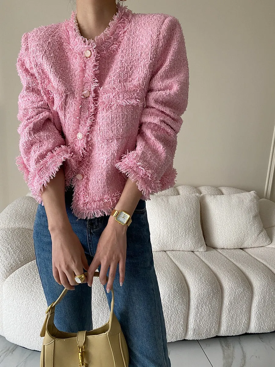 Pink Fringe Tweed Blazer Jacket