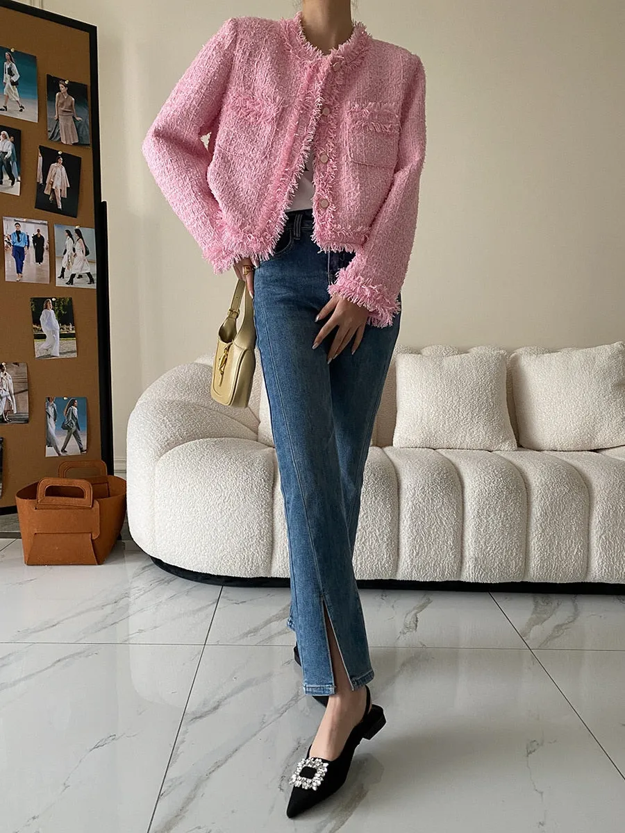 Pink Fringe Tweed Blazer Jacket