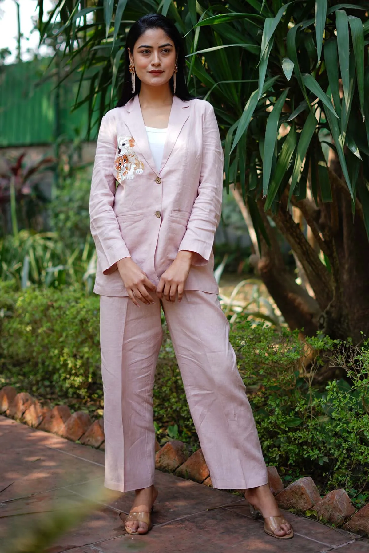 Pink Linen Embroidered Blazer