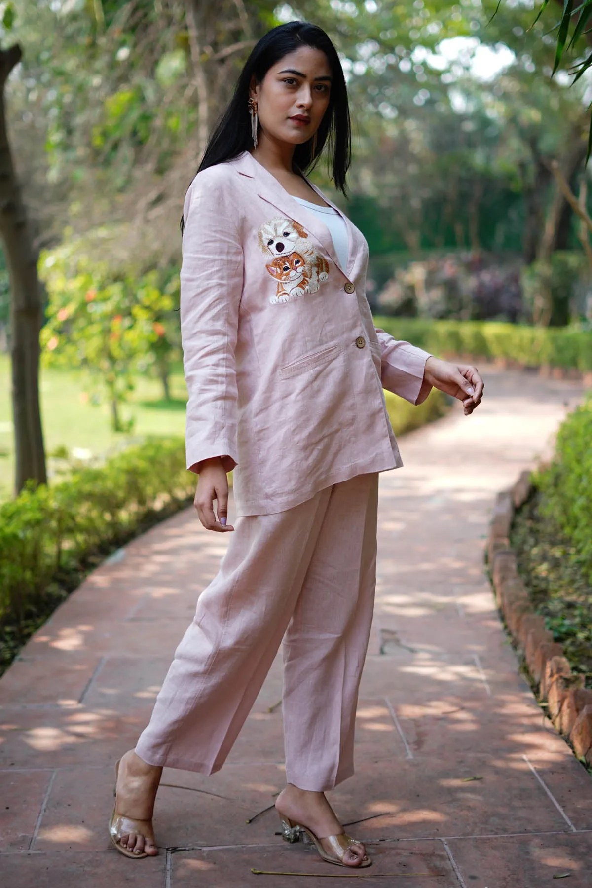 Pink Linen Embroidered Blazer