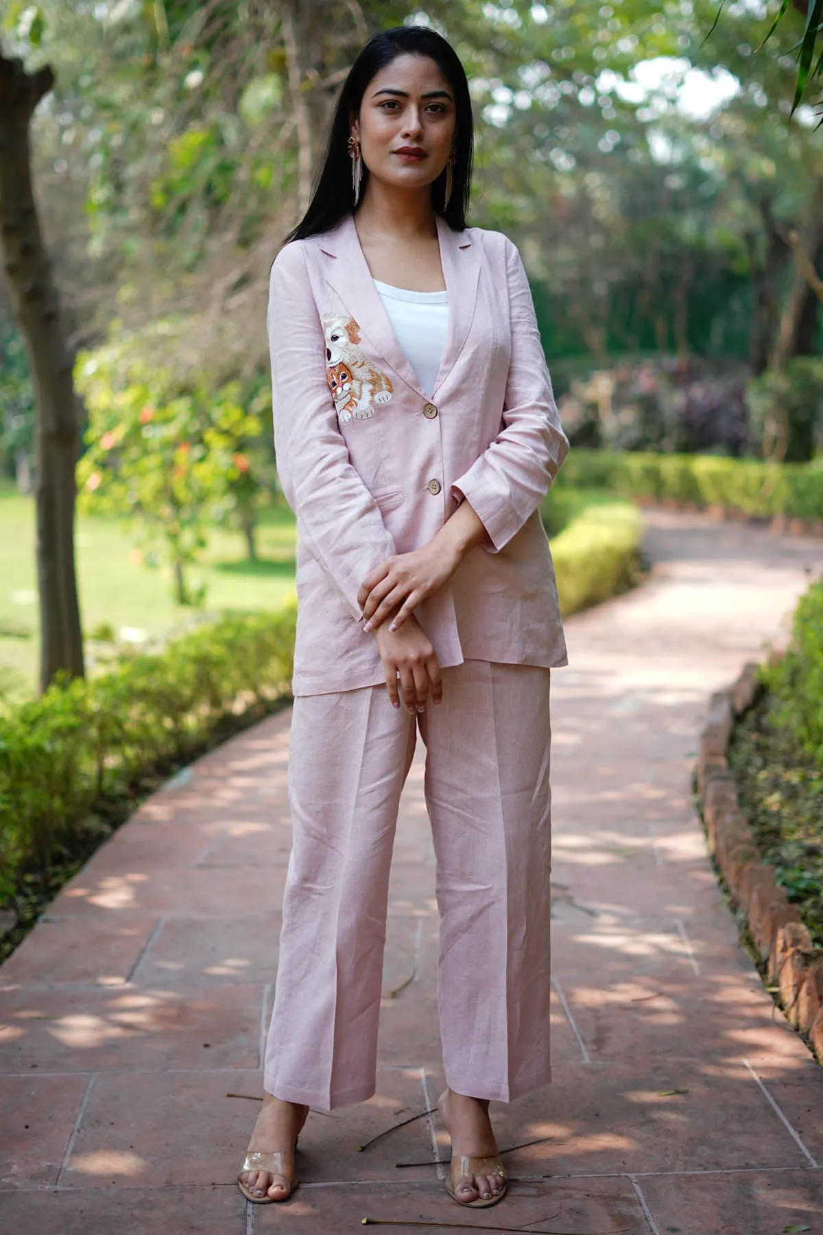 Pink Linen Embroidered Blazer