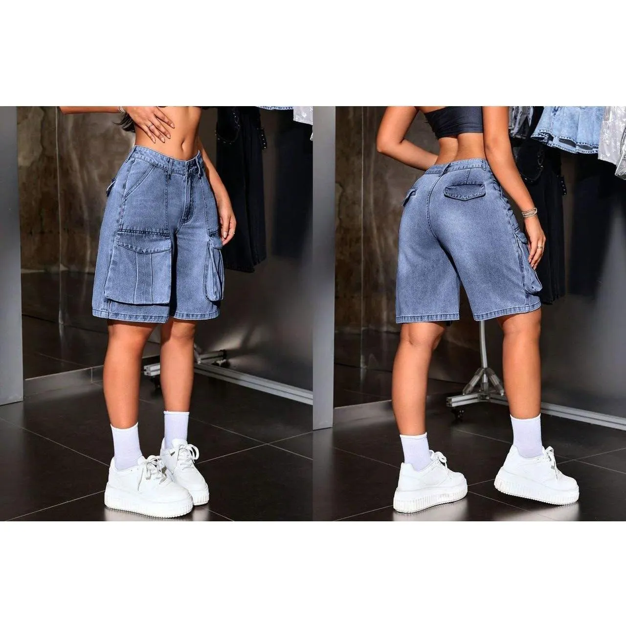 Plus Size Cargo Denim Shorts