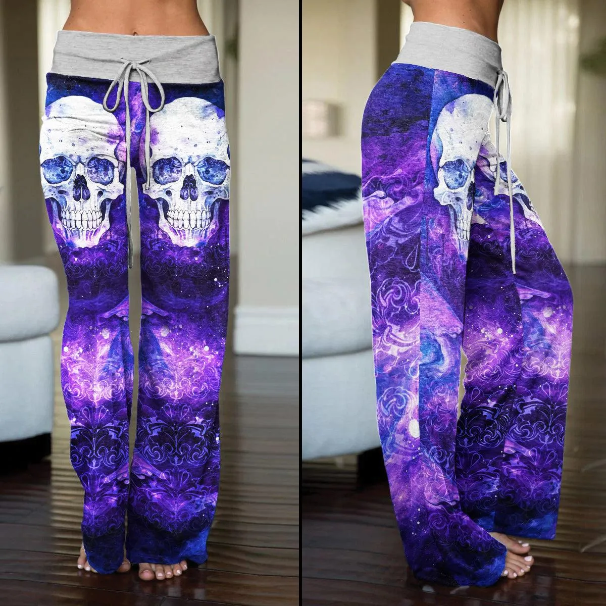 Purple Ornament Skull High-waisted Wide Leg Pants