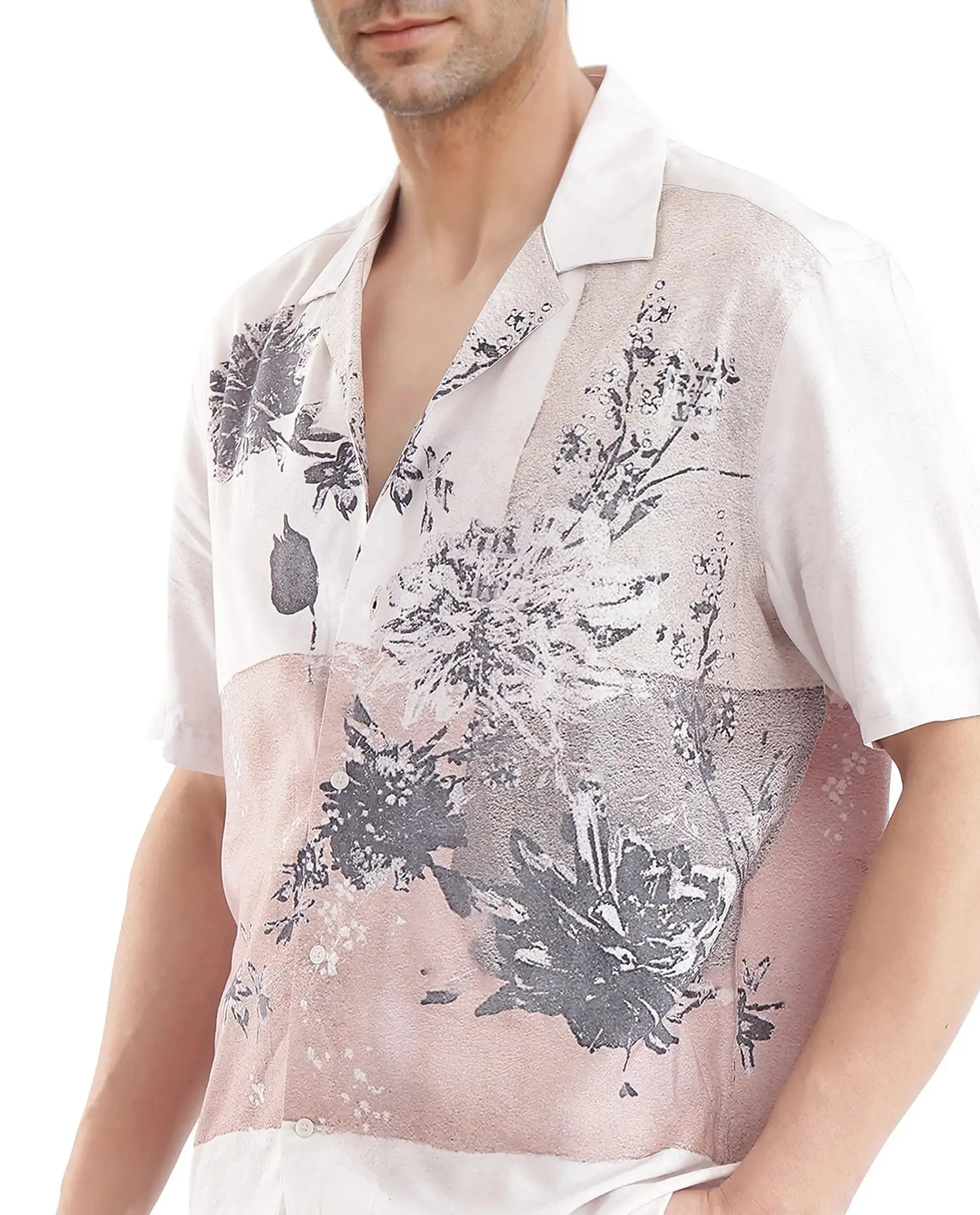 Rare Rabbit Men's Vint Beige Cotton Fabric Half Sleeve Cuban Collared Boxy Fit Botanical Print Shirt