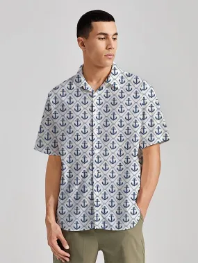 Sail Into Style White Anchor-Printed Rayon Men's Shirt