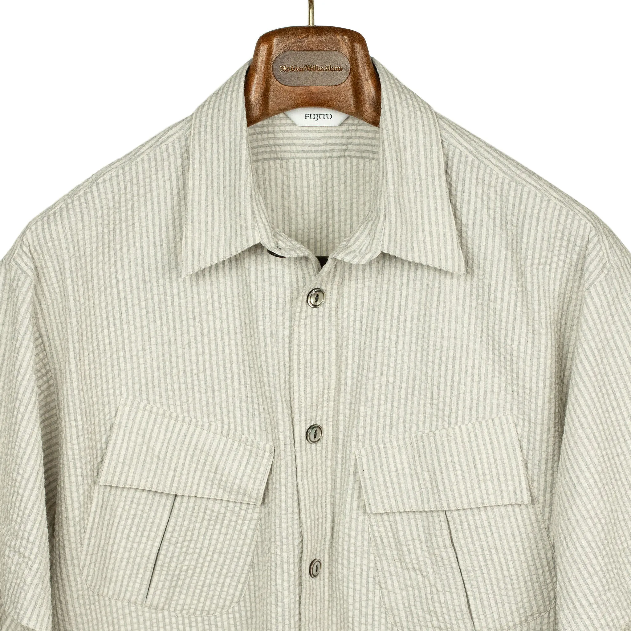 Short sleeve fatigue shirt in salt and grey stripe cotton seersucker