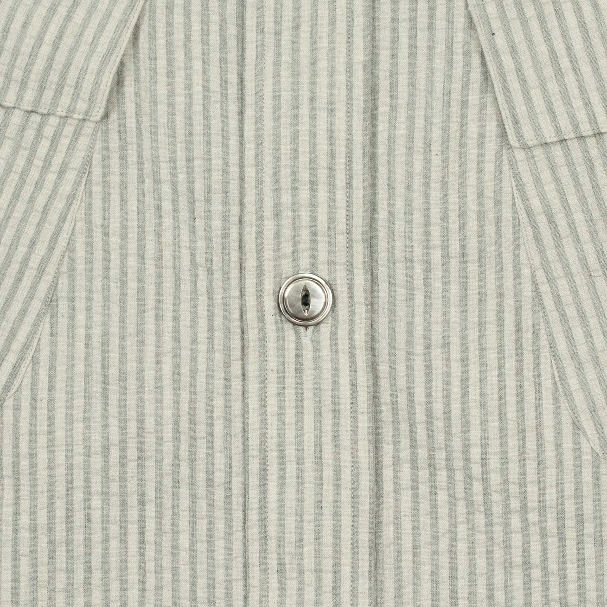 Short sleeve fatigue shirt in salt and grey stripe cotton seersucker