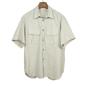 Short sleeve fatigue shirt in salt and grey stripe cotton seersucker