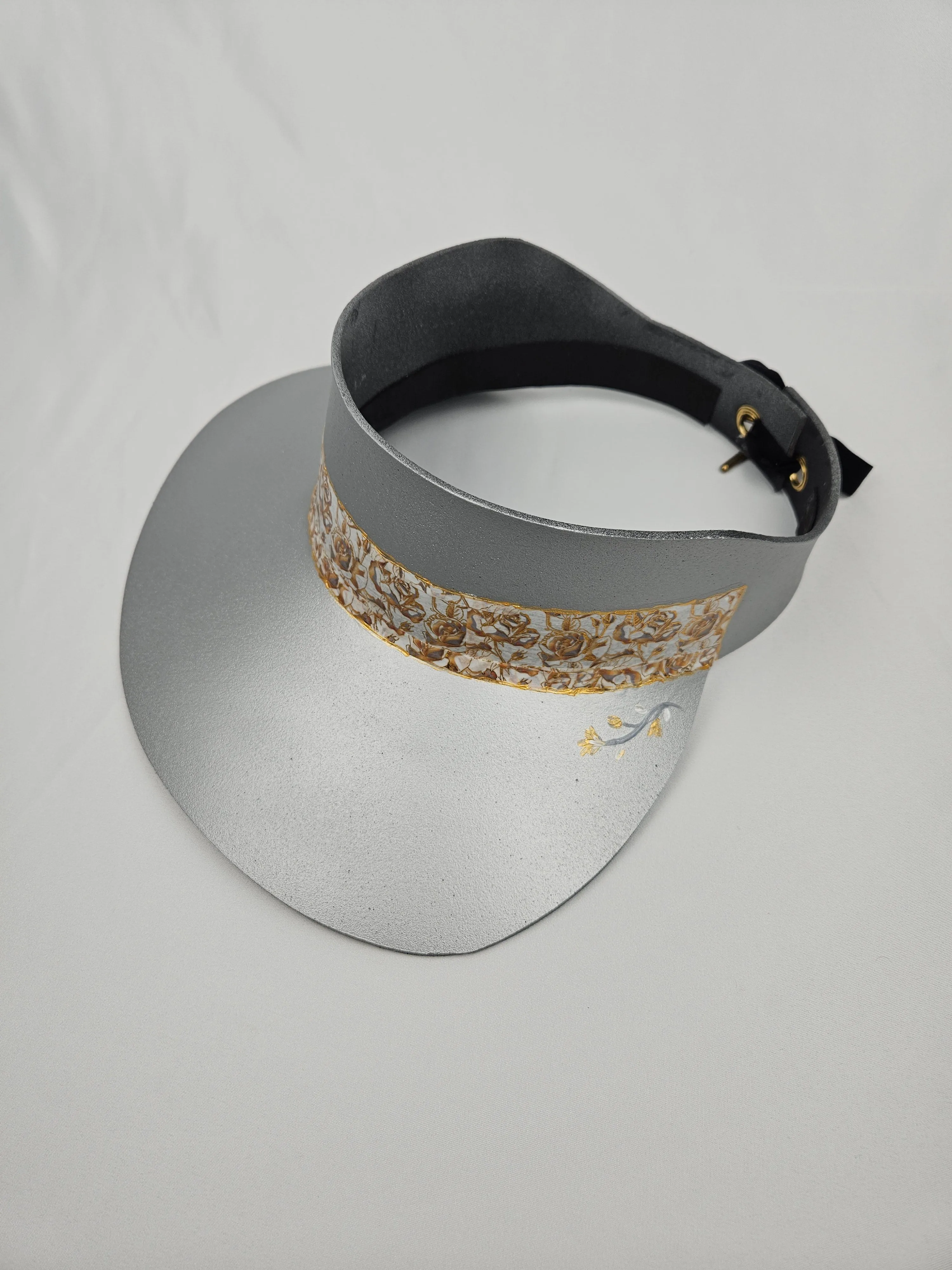 Silver "LadyEVA" Visor Hat with Elegant Golden Floral Band and Handpainted Floral Motif