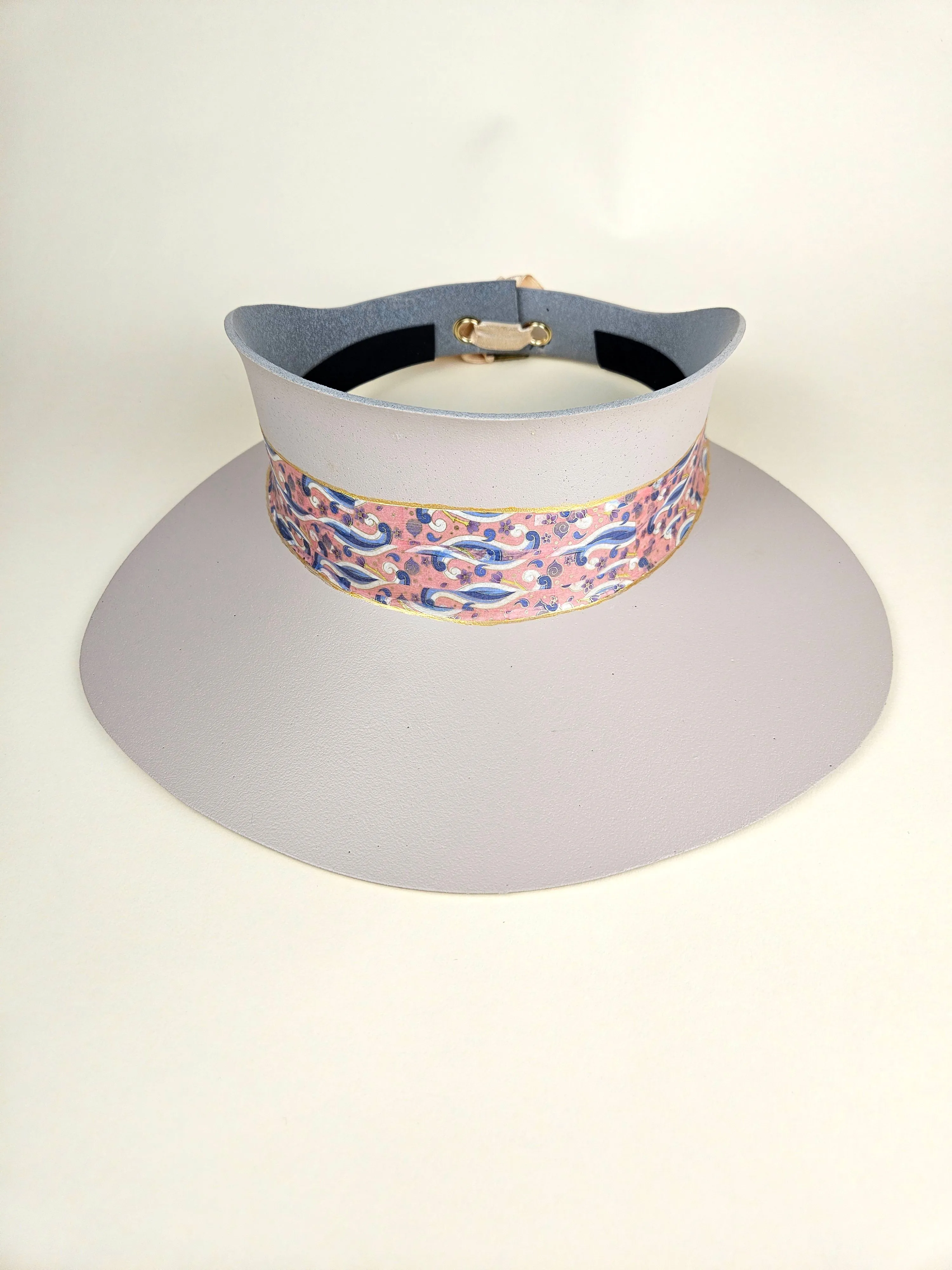 Tall Peach Gray "LadyEVA" Visor Hat with Pink and Lavender Blue Floral Band