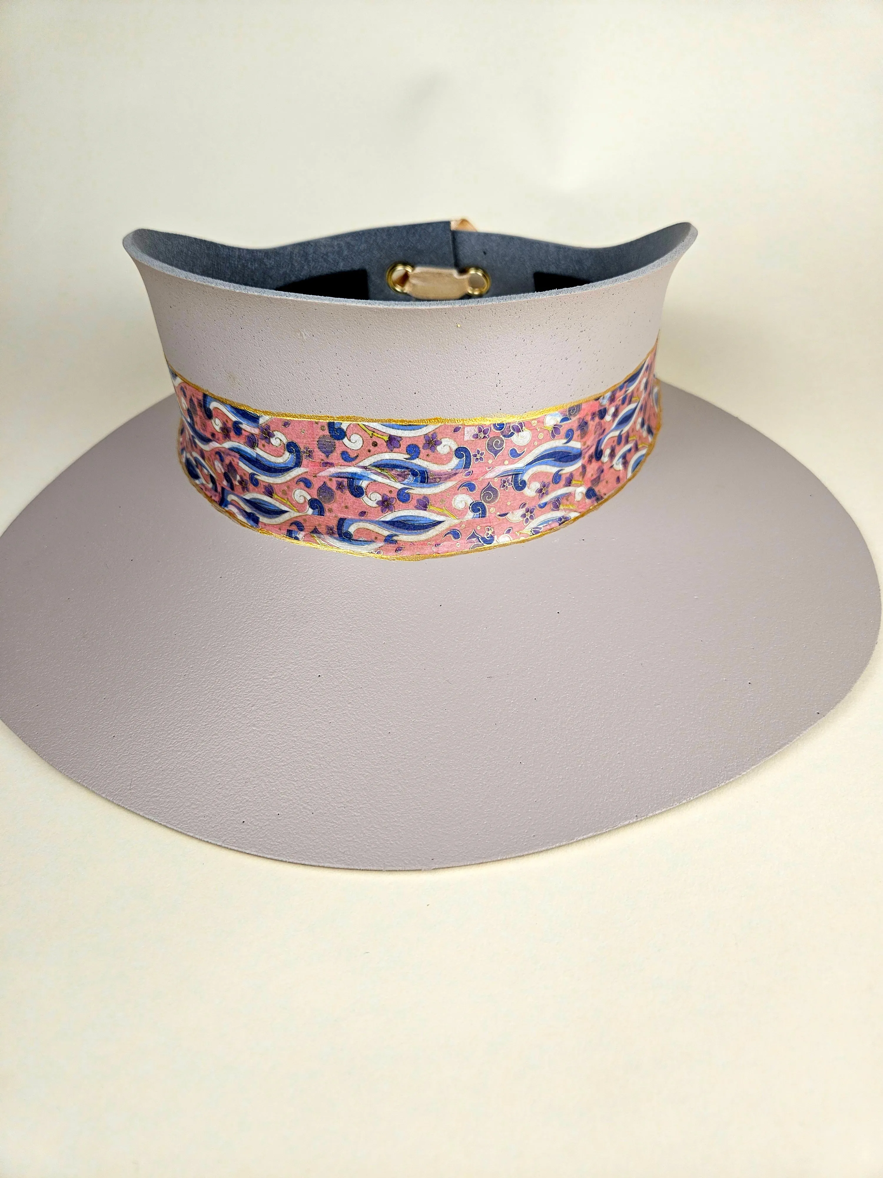 Tall Peach Gray "LadyEVA" Visor Hat with Pink and Lavender Blue Floral Band