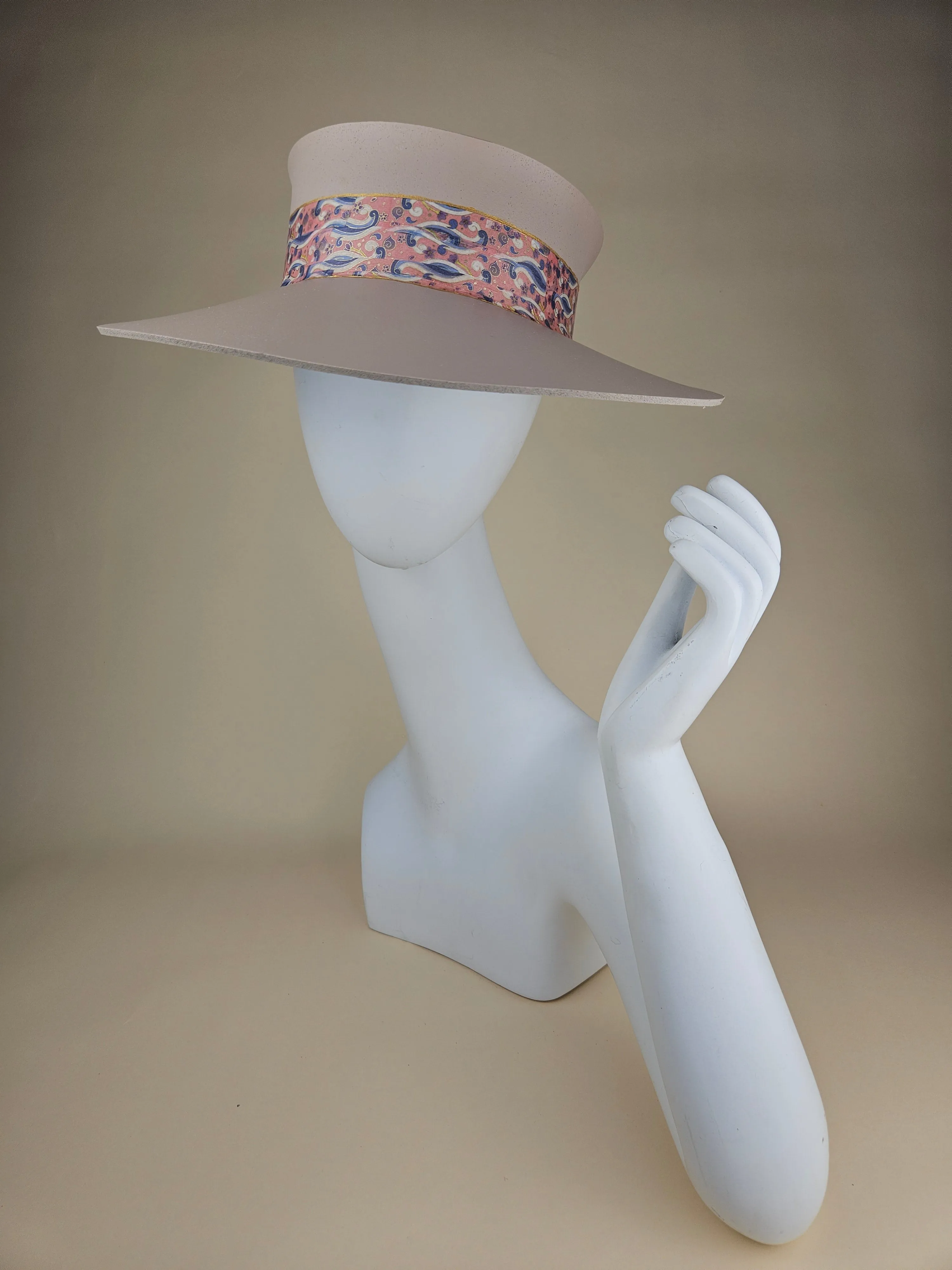 Tall Peach Gray "LadyEVA" Visor Hat with Pink and Lavender Blue Floral Band