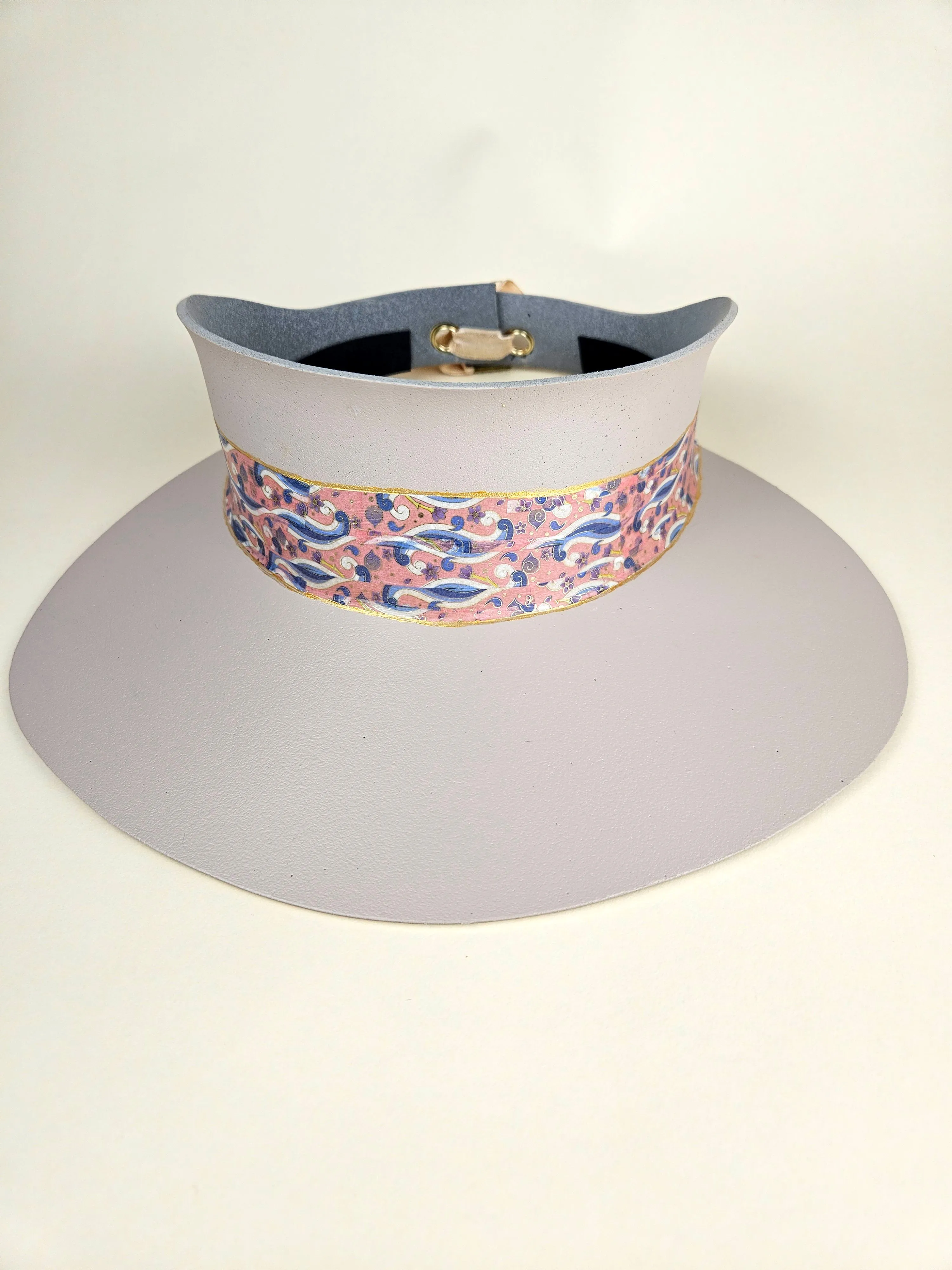 Tall Peach Gray "LadyEVA" Visor Hat with Pink and Lavender Blue Floral Band